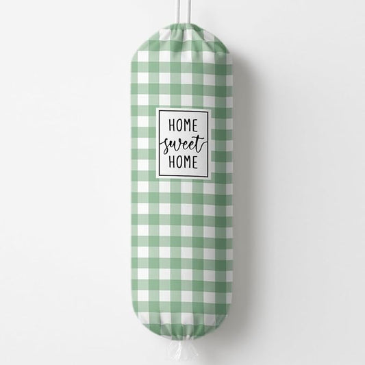 Plastic Bag Holder, Home Sweet Home Plastic Bag Holder for Kitchen Essentials, Green and White Grid Bags Holders for Plastics Bags Groceries Store, Reusable Hanging Trash Sack Dispenser