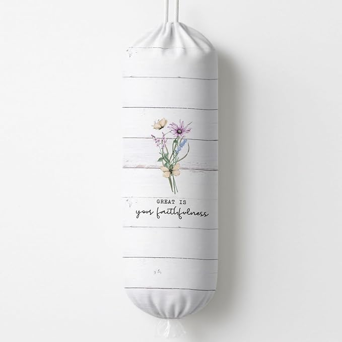 Plastic Bag Holder, Great Is Your Faithfulness Plastic Bag Holder, Reusable Hanging Grocery Bags Organizer, Christian Kitchen Gifts for Women Plastics Bags Holders with Bible Verse