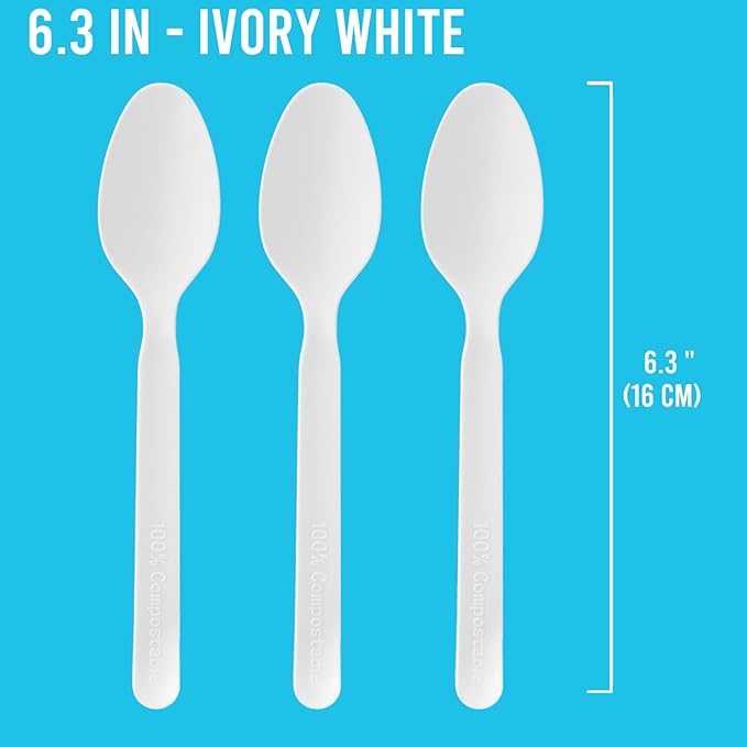 500 Count Compostable Disposable Non Plastic Spoons, Large Heavy Duty Biodegradable Utensils, Eco Friendly Durable Sturdy Recyclable Spoons Flatware Silverware for Party Wedding Daily Use