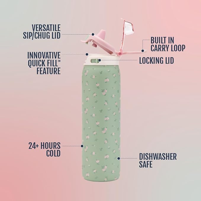 Ello Pop & Fill Stainless Steel Water Bottle with Quick Fill Technology, Double Walled Vacuum Insulated Metal, Leak Proof Locking Lid, Sip & Chug, BPA Free, Holiday Gift for Him Her, 22oz, 32oz, 40oz