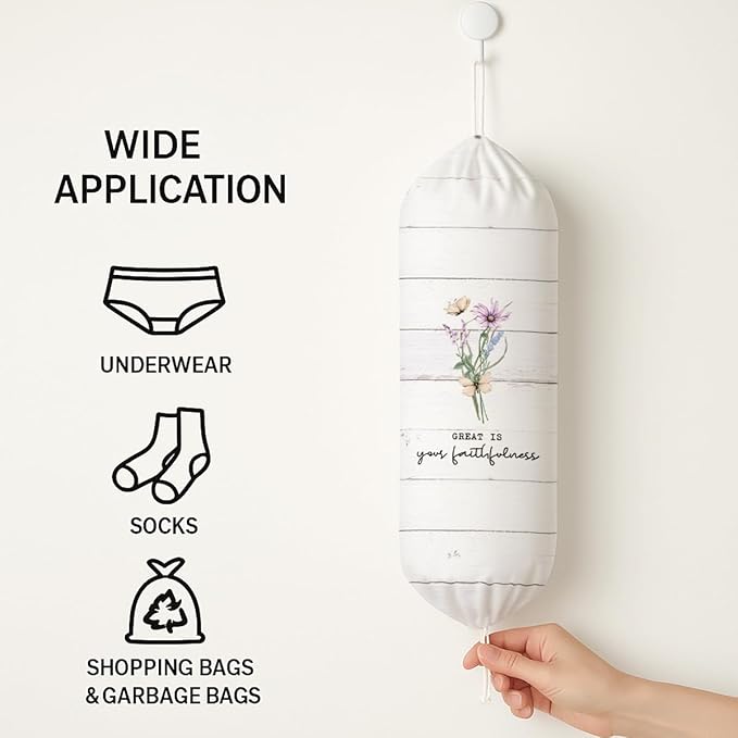 Plastic Bag Holder, Great Is Your Faithfulness Plastic Bag Holder, Reusable Hanging Grocery Bags Organizer, Christian Kitchen Gifts for Women Plastics Bags Holders with Bible Verse