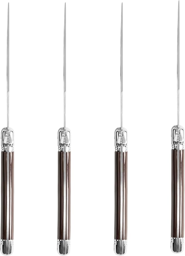 French Home Laguiole 4-Piece Steak Knife Set – Sophisticated Stainless Steel Dinner Knives with Chocolate Brown Handles & Iconic Bee Emblem – Serrated Knives for Smooth Cutting (9.25")
