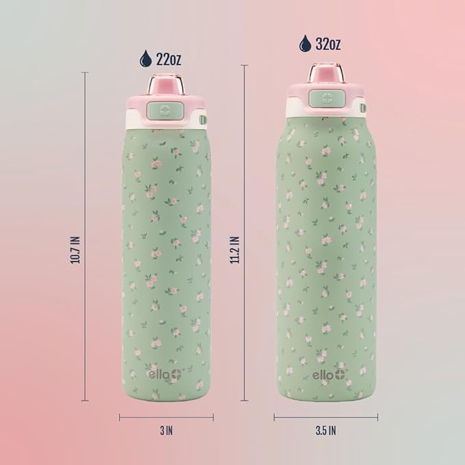 Ello Pop & Fill Stainless Steel Water Bottle with Quick Fill Technology, Double Walled Vacuum Insulated Metal, Leak Proof Locking Lid, Sip & Chug, BPA Free, Holiday Gift for Him Her, 22oz, 32oz, 40oz