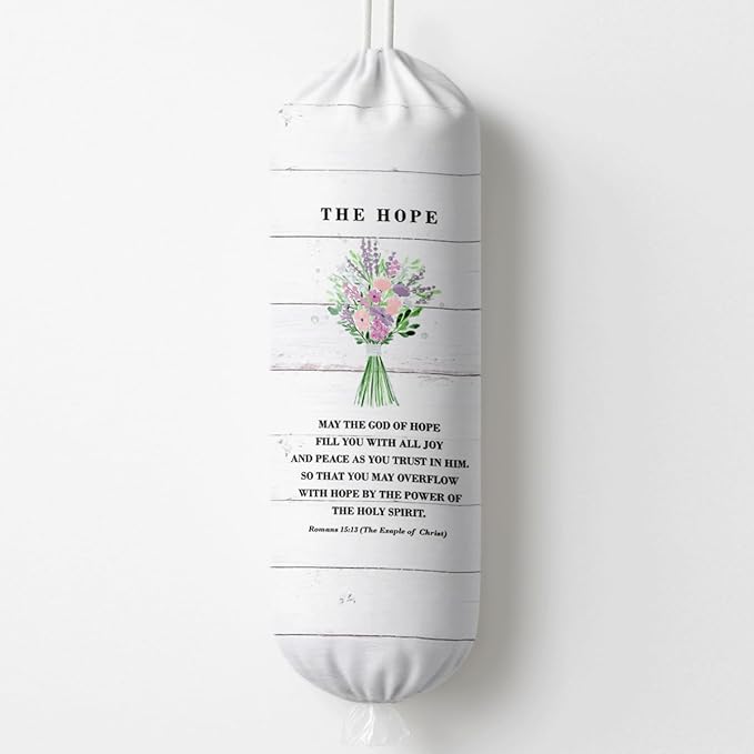 Plastic Bag Holder, The Hope Romans 15:13 Plastic Bag Holder Christian Decor, Reusable Hanging Trash Bags Dispenser, Christian Kitchen Gifts for Women Plastics Bags Holders with Bible Verse