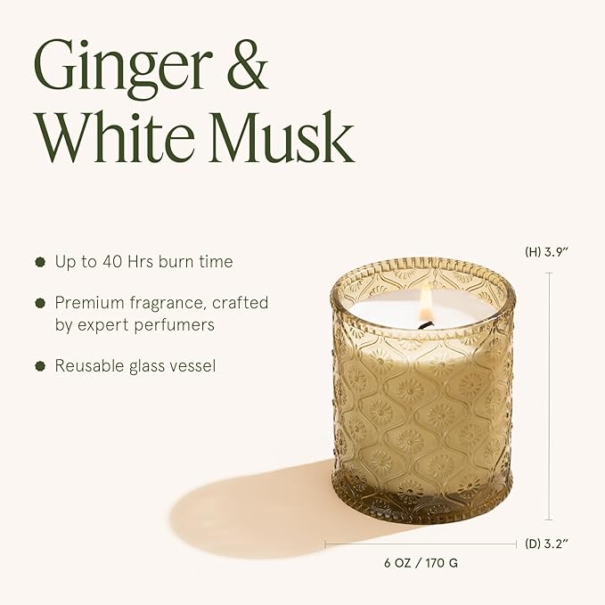 LA JOLIE MUSE Ginger & White Musk Candles | Ginger, Lemongrass & Musk | 6 oz Soy Candle | Natural Soy Wax | 40 Hours Clean Burn | Gift-Ready for Hosts & Gathering | Seasonal Home Décor