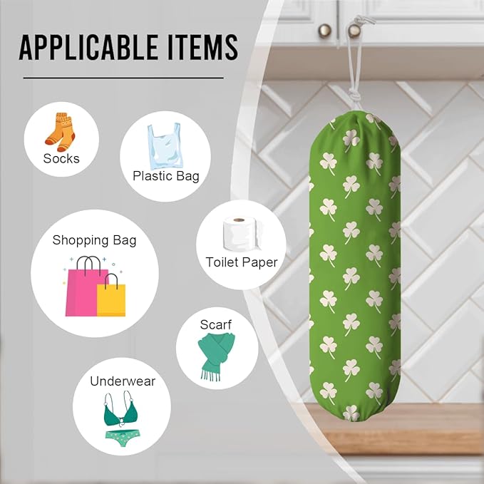 Reusable Grocery Bag Holder, Wall Mounted Organizer Dispenser, Washable Cotton-Linen Storage, St. Patrick’s Day White Clover Design, Lucky Shamrock Pattern for Kitchen Pantry or Cabinet