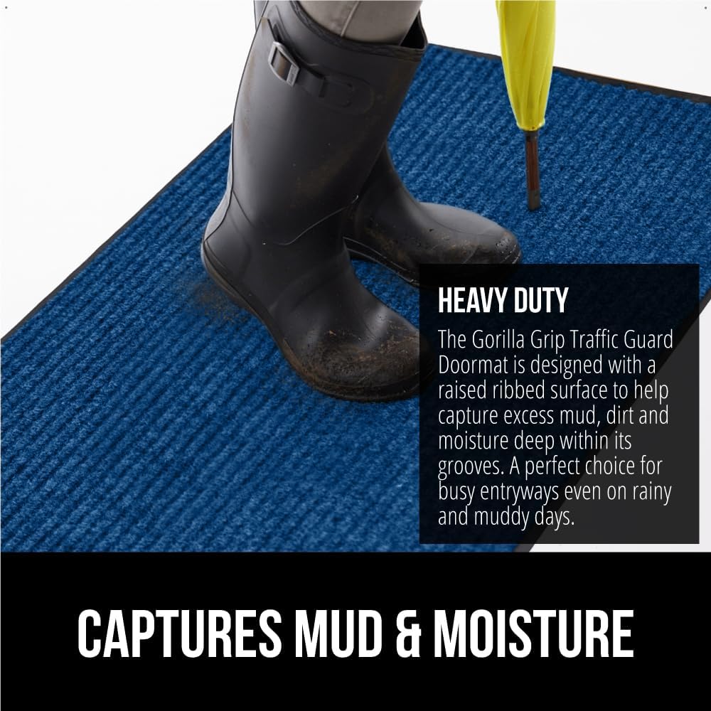 GORILLA GRIP Traffic Guard Door Mat, Heavy Duty Welcome Mats, Commercial Office Space Doormat, Waterproof, Fade Resistant, Strong Rubber Backing, Low Profile, Shoe and Boot Scraper, 35x23, Blue