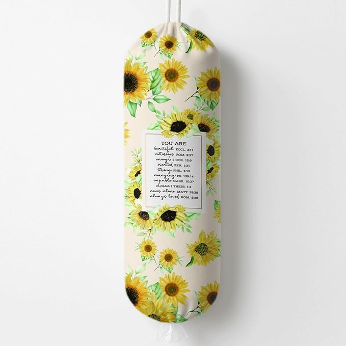 Plastic Bag Holder, Sunflowers Plastic Bag Holder with Bible Verse, Reusable Hanging Grocery Bags Organizer, Inspirational Religious Gifts for Women Friends and Family