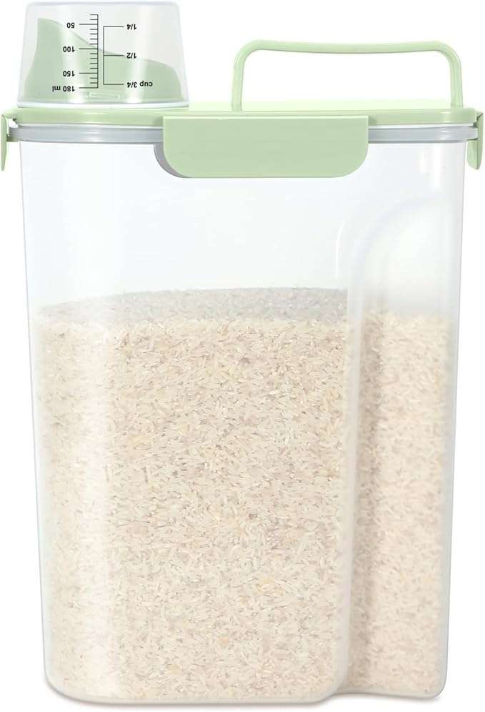 TBMax Airtight Rice Container 10 Lbs, Cereal Dispenser, Pet Cat Dog Food Storage Container, Plastic Kitchen Pantry Food Storage Holder with Cup -Light Green