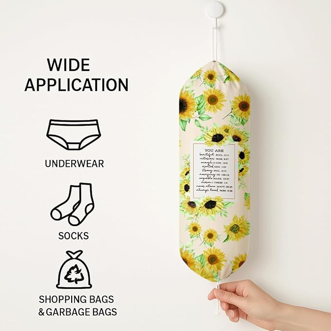 Plastic Bag Holder, Sunflowers Plastic Bag Holder with Bible Verse, Reusable Hanging Grocery Bags Organizer, Inspirational Religious Gifts for Women Friends and Family