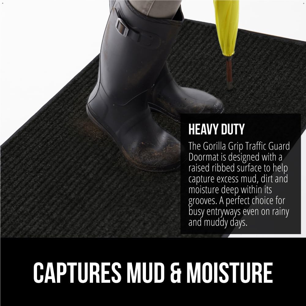 GORILLA GRIP Traffic Guard Door Mat, Heavy Duty Welcome Mats, Commercial Office Space Doormat, Waterproof, Fade Resistant, Strong Rubber Backing, Low Profile, Shoe and Boot Scraper, 29x17, Jet Black