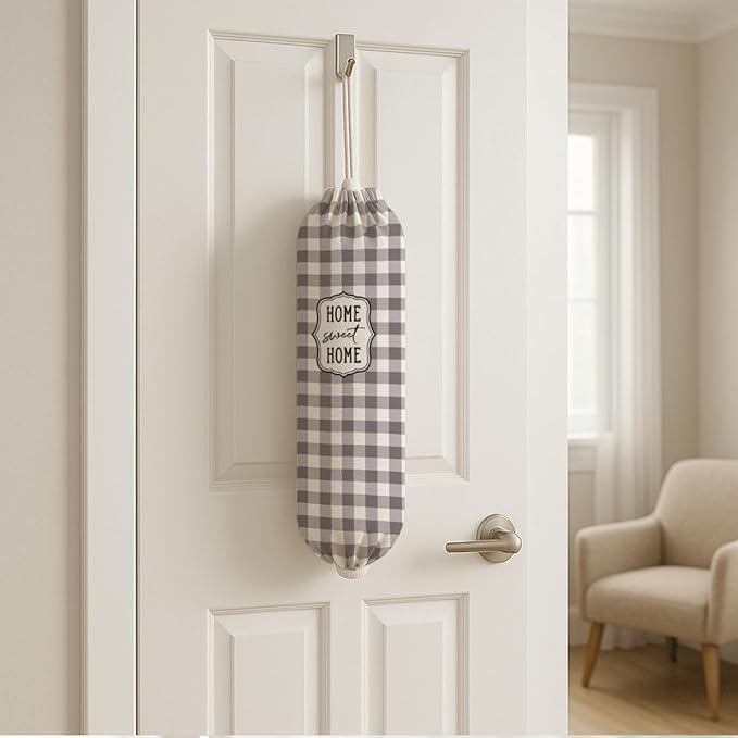 Plastic Bag Holder, Home Sweet Home Plastic Bag Holder for Kitchen Essentials, Gray and White Grid Bags Holders for Plastics Bags Groceries Store, Kitchen Gifts to Women Family Friends