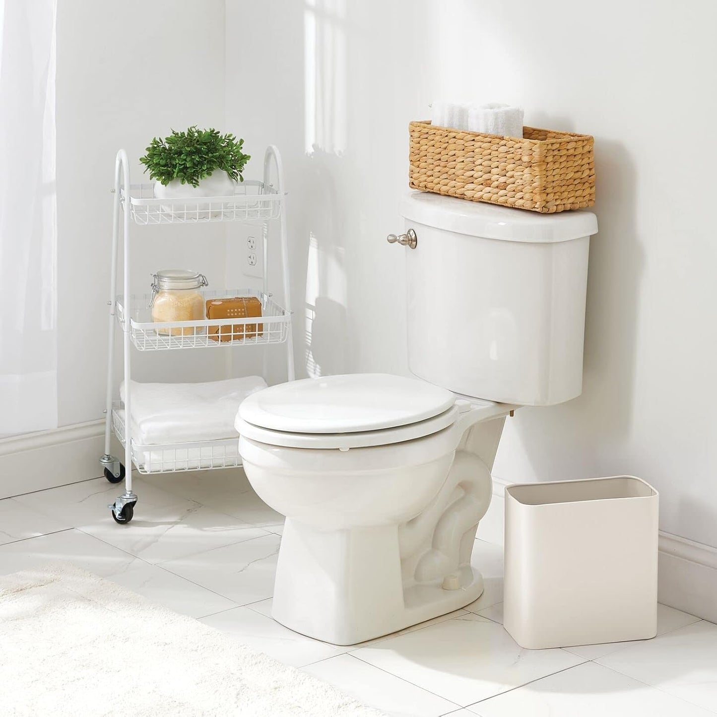 mDesign Small Metal 2.4 Gallon Trash Can Wastebasket Garbage Bin for Bathroom - Mini Slim Rubbish Waste Bin Trashcans for Master or Guest Bath, Bedroom, Garage, Laundry Room, or Playroom, Cream