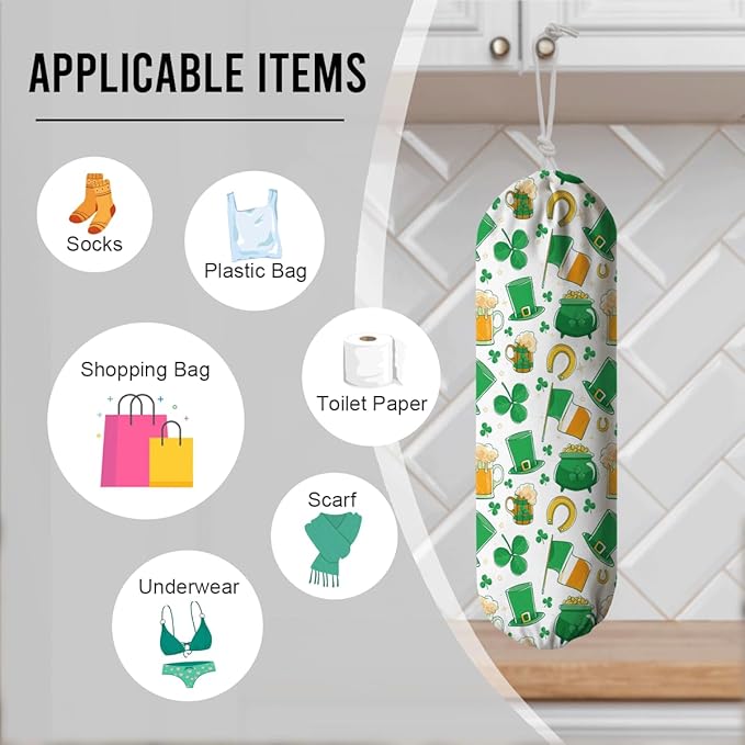 Wall Mount Plastic Bag Holder, Reusable Grocery Sack Organizer, Washable Cotton-Linen Storage, St. Patrick’s Day Clover, Beer, Irish Hat & Pot of Gold Design, Hanging Loop for Kitchen Pantry