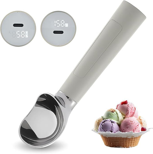 Heated Ice Cream Scoop Rechargeable, Electric Warming Ice Cream Scooper with LED Display, Heats to 158°F for Hard Ice Cream, Easy for Seniors & Kids, IP67 Waterproof (Grey, 2 oz)