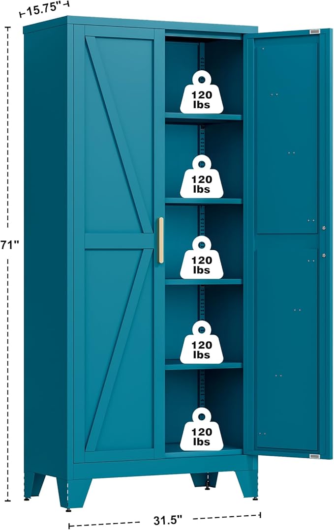71" Storage Cabinet with Doors and Shelves, Tall Freestanding Pantry Cabinet in Teal Blue with 2 Doors & 4 Adjustable Shelves, All-Steel Farmhouse Cupboard for Kitchen, Garage, Laundry Room