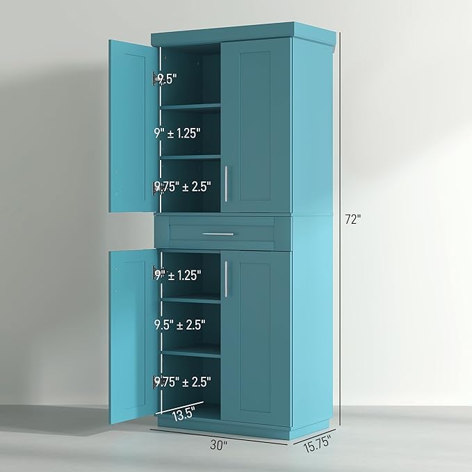 HOMCOM 72" Kitchen Pantry Cabinet, Freestanding Tall Storage Cabinet with 4 Doors, Drawer and 3 Adjustable Shelves for Dining Room, Turquoise