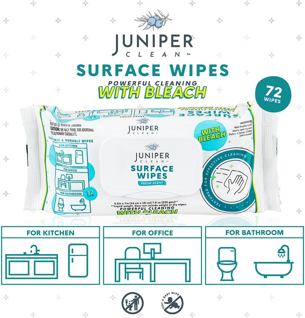 6 Pack Surface Cleaning Wipes with Bleach, All-Purpose Cleaner for Bathroom, Kitchen, Office, 72 Count Soft Flow, Fresh Scent, Lint Free & Durable