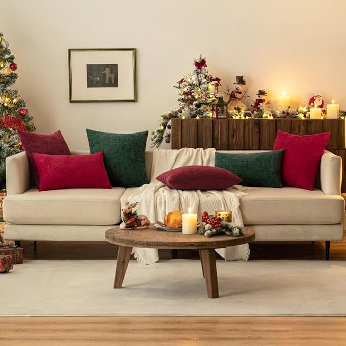 MIULEE Pack of 2 Christmas Red Couch Throw Pillow Covers 12x20 Inch Soft Chenille Pillow Covers for Sofa Living Room Solid Dyed Pillow Cases