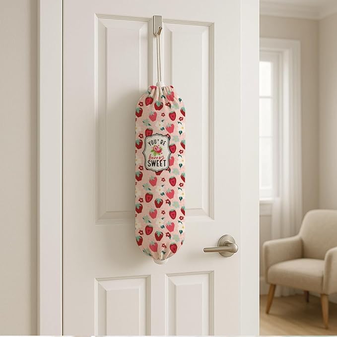 Plastic Bag Holder, Pink Strawberry Plastic Bag Holder, Bags Holders for Plastics Bags Groceries Store, Reusable Trash Sack Storage Dispenser, Kitchen Gifts For Women Family Friends