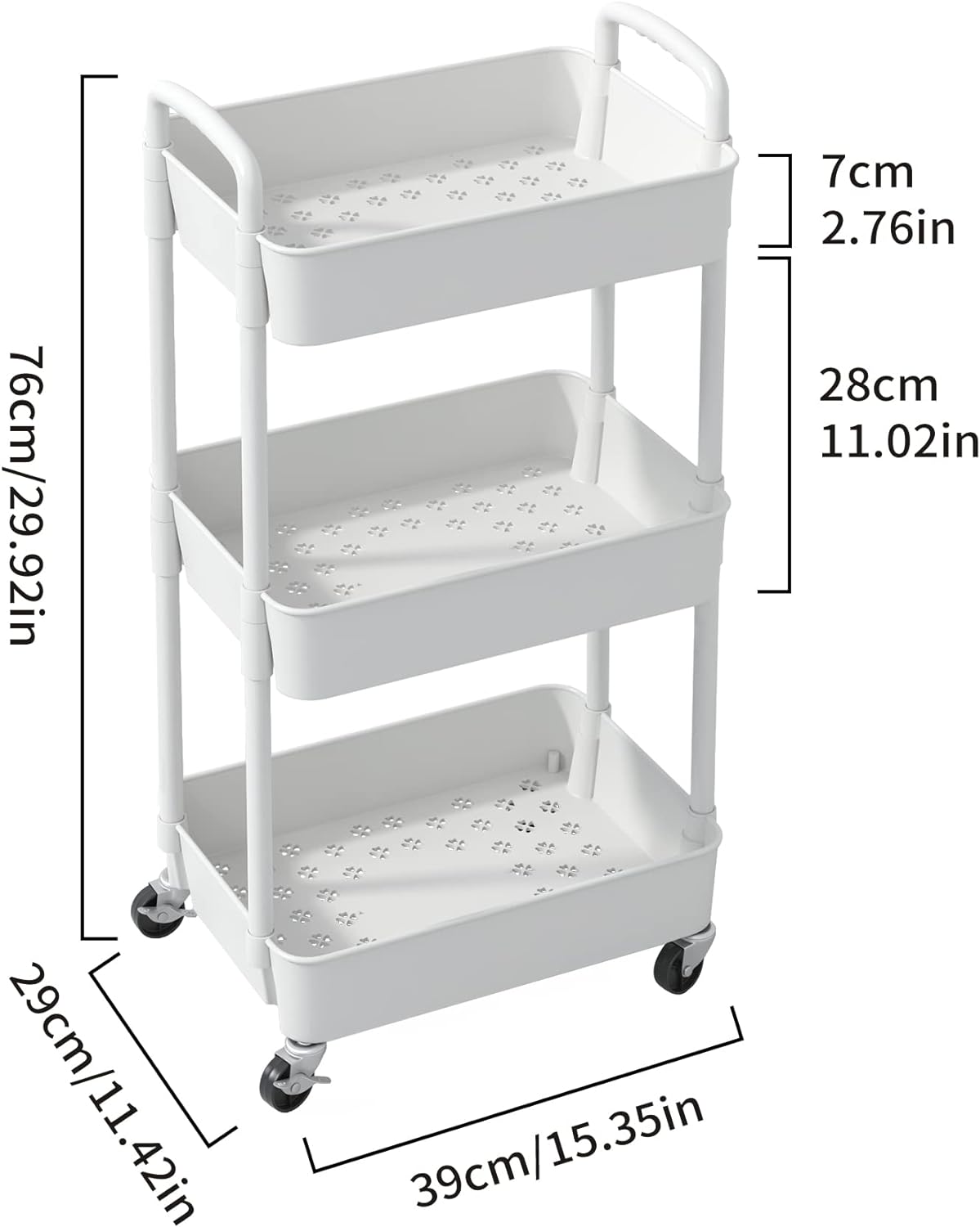 Sywhitta 3-Tier Plastic Rolling Utility Cart with Handle, Multi-Functional Storage Trolley for Office, Living Room, Kitchen, Movable Storage Organizer with Wheels, White