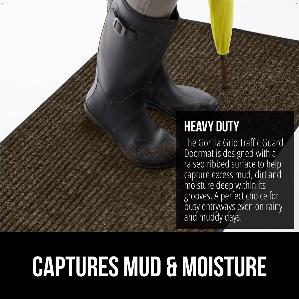 GORILLA GRIP Traffic Guard Door Mat, Heavy Duty Welcome Mats, Commercial Office Space Doormat, Waterproof, Fade Resistant, Strong Rubber Backing, Low Profile, Shoe and Boot Scraper, 35x23, Brown