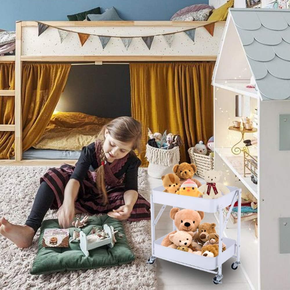 Melody House 2-Tier Metal Folding Rolling Cart, Mobile Utility Cart Trolley Storage Organizer for Office Home Kitchen Organization, Sofa Side End Table with Wheels, White