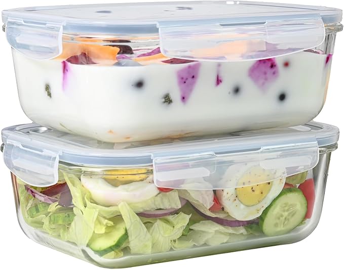 4pc Set - 8 Cup/64oz Large Glass Food Storage Containers with Lids Airtight Meal Prep Container with Lid Lock - Freezer Microwave & Oven Safe Clear Lunch Bowl Stackable Baking Pantry Organizer (2Pack)