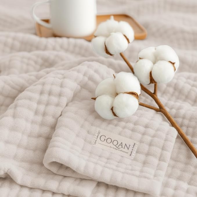 Goqan Muslin Blanket Queen 79x90 – 100% Turkish Cotton 4 Layer Boho Muslin Blanket for Adults, Four Season, Lightweight and Thin, Soft, Breathable for Bed, Couch - Beige