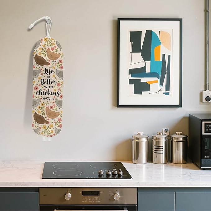 Rustic Chicken Plastic Bag Holder, Vintage Chickens Grocery Bag Holder for Plastic Bags, Pull Rope Free Adjustment, Floral Grocery Bags Storage Dispenser for Home Kitchen, Chicken Gifts for Women