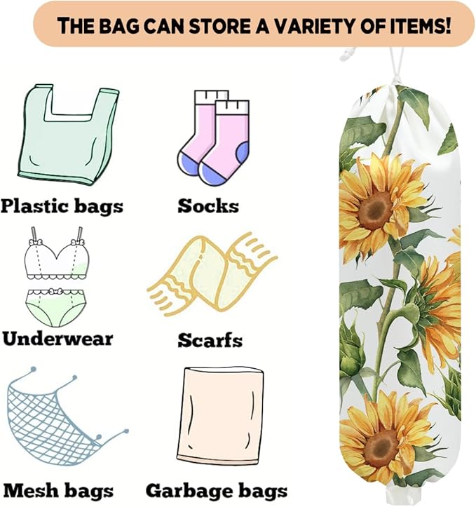 Sunflower Plastic Bag Holder for Kitchen Essentials, Wall Mount Grocery Bag Holder for Plastic Bags, Flower Washable Large Grocery Bags Storage Dispenser for Home Kitchen Pantry Decor, 22.5x9 Inch
