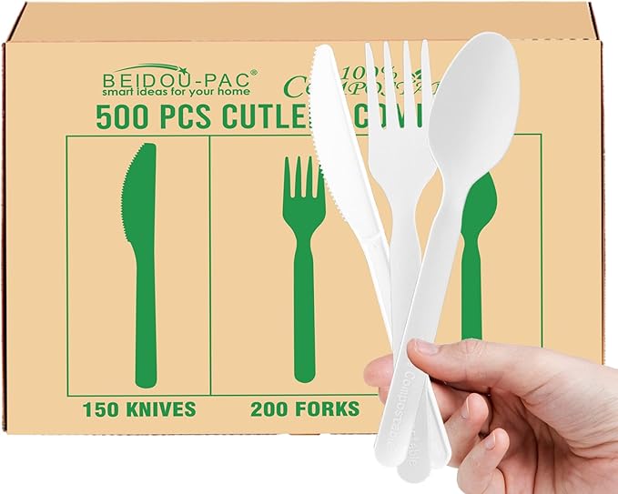 500 Count Compostable Disposable Non Plastic Silverware, Heavy Duty Biodegradable Forks Spoons Knives Cutlery Set, Eco Friendly Recyclable Flatware Utensils for Party Wedding Daily Use