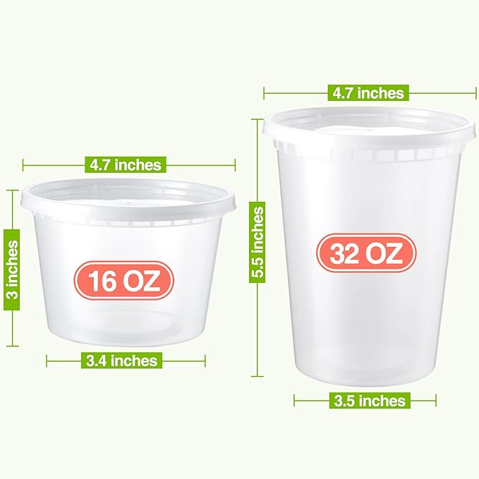 50 Set Deli Containers With Lids: [16oz 32oz] Combo Plastic Food Storage, Microwaveable & Freezer Safe To-Go, Leak-proof Meal-Prep