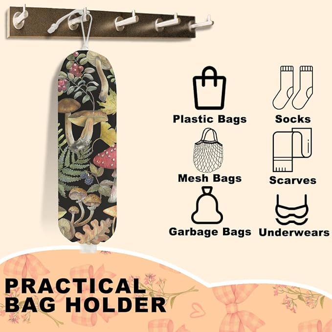 2Pcs Mushroom Plastic Bag Holder, Wall Mount Grocery Bag Holder for Plastic Bags, Summer Leaves Reusable Shopping Bags Storage Dispenser for Home Kitchen Pantry, Mushroom Gifts for Women