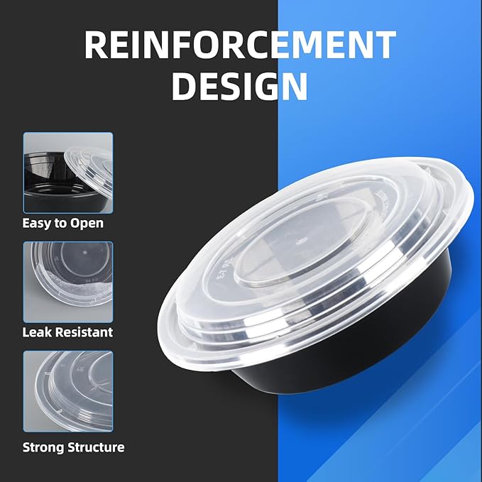 24oz Round Meal Prep Containers with Lids,50-Pack (100 Pcs) Black Disposable Food Storage,Bento Boxes,Stackable,Leak-Proof, BPA-Free,Microwave and Dishwasher Safe