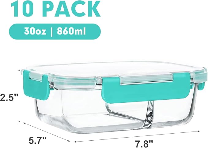 M MCIRCO 10-Pack,30 Oz Glass Meal Prep Containers 2 Compartments Airtight Lunch Bento Boxes with Lids, Glass Food Storage Containers, Microwave, Oven, Freezer and Dishwasher, Green