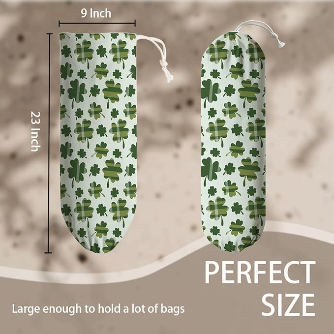 Wall Mount Plastic Bag Holder, Reusable Grocery Sack Organizer, Washable Cotton-Linen Storage, St. Patrick’s Day Green Clover with Stripes Design, Hanging Loop for Kitchen Pantry Decor
