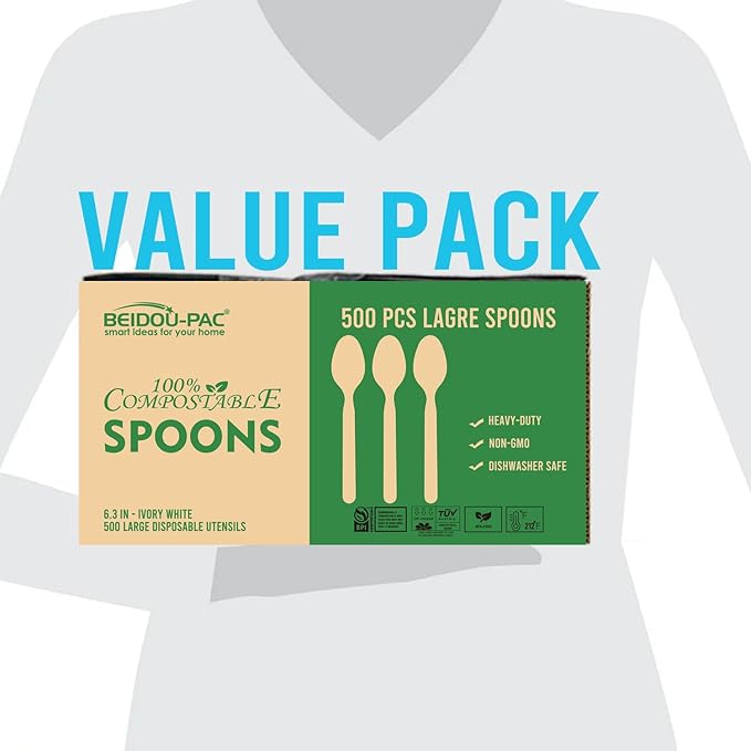 500 Count Compostable Disposable Non Plastic Spoons, Large Heavy Duty Biodegradable Utensils, Eco Friendly Durable Sturdy Recyclable Spoons Flatware Silverware for Party Wedding Daily Use