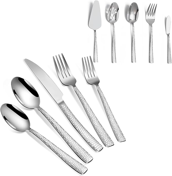 45-Piece Silverware Set with Serving Utensils Set, Silver Hammered Stainless Steel Flatware for 8, Food-Grade Tableware, Including Fork, Knife, Spoon Set, Home Kitchen Cutlery, Dishwasher Safe