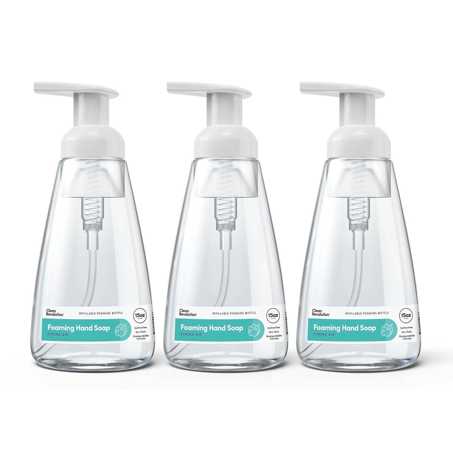 Clean Revolution Ready to Use Foaming Hand Soap | Three Pack | Jumbo 15oz Bottles | Gentle, Moisturizing & Eco-Friendly | Real Essential Oils | Spring Air | 45 Total Fl Oz, Clear