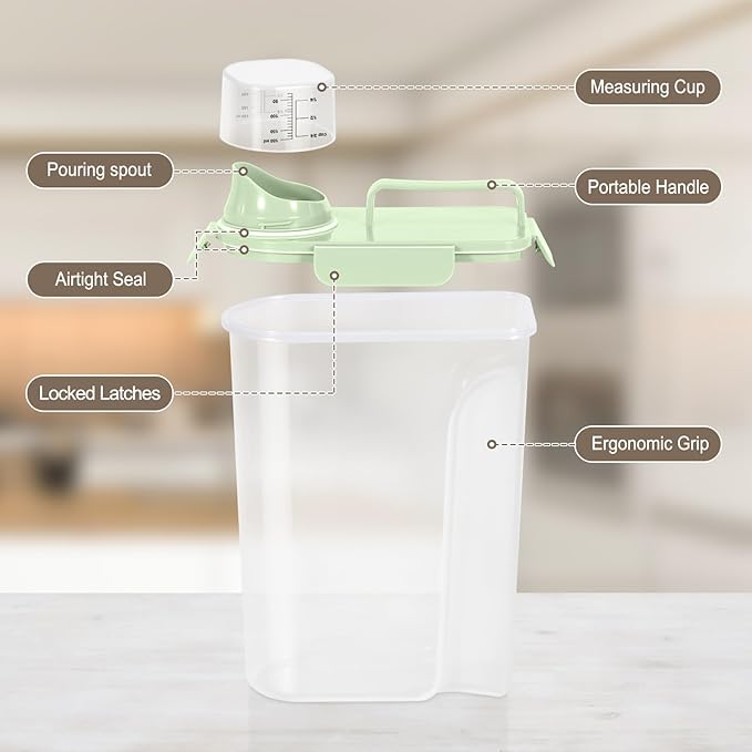 TBMax Airtight Rice Container 10 Lbs, Cereal Dispenser, Pet Cat Dog Food Storage Container, Plastic Kitchen Pantry Food Storage Holder with Cup -Light Green