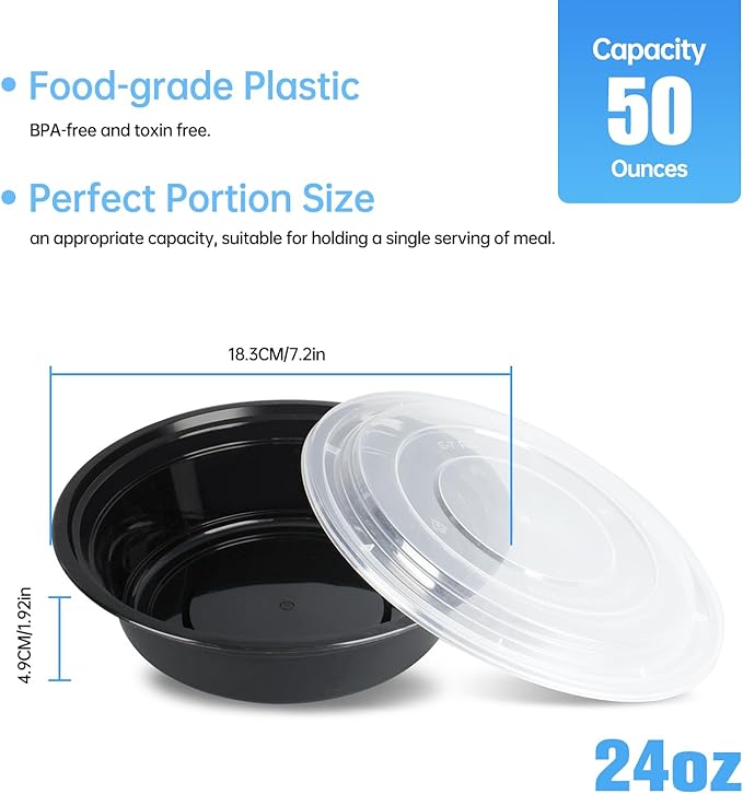 24oz Round Meal Prep Containers with Lids,50-Pack (100 Pcs) Black Disposable Food Storage,Bento Boxes,Stackable,Leak-Proof, BPA-Free,Microwave and Dishwasher Safe