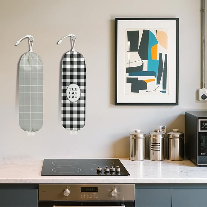 2Pcs Black White Buffalo Check Plaid Plastic Bag Holder, Wall Mount Grocery Bag Holder for Plastic Bags, Minimalist Grid Reusable Grocery Bags Storage Dispenser for Home Kitchen Farmhouse