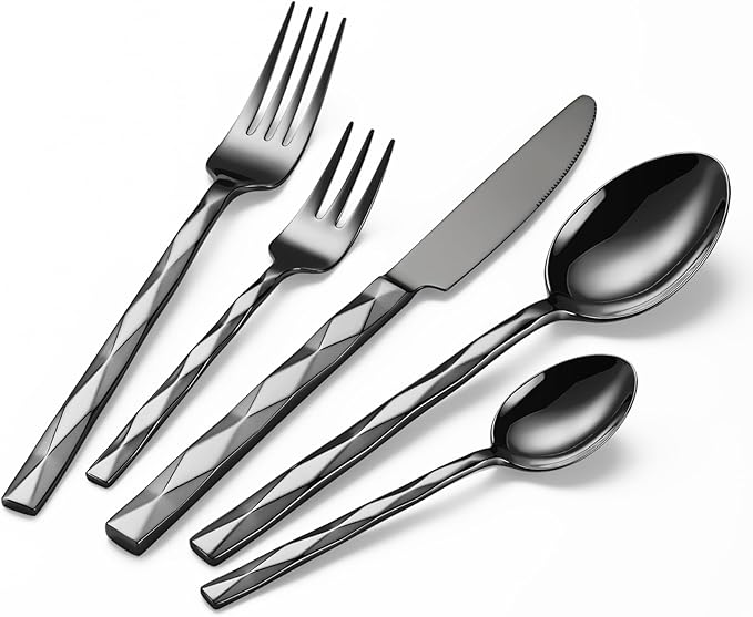 Black Silverware Set, Luxury 40-Piece Flatware Set for 8, Cutlery Set Stainless Steel, Diamond Cut Pattern, Home, Wedding & Party, 18/10 Stainless Steel Tablewaret & Dishwasher Safe Utensils.