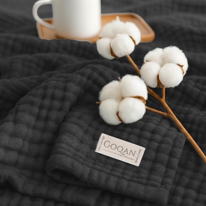 Goqan Throw Blanket 55x60 – 100% Turkish Cotton 4 Layer Boho Muslin Blanket for Adults, Four Season Blanket Lightweight and Thin, Soft, Breathable for Bed, Couch - Dark Grey