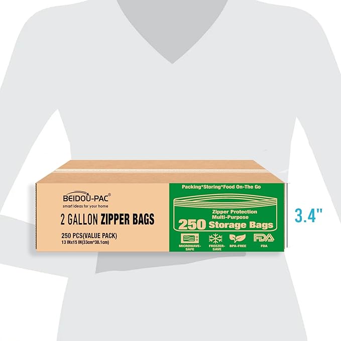 2 Gallon Large Food Storage Freezer Bags, 250 Count | Double Zipper |13" * 15", Freshness Easy Open Reclosable Clear Plastic Bags