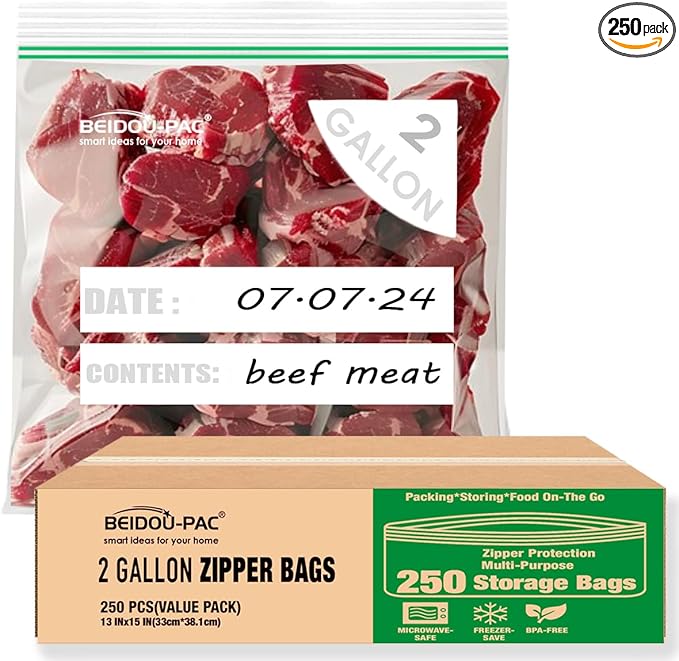 2 Gallon Large Food Storage Freezer Bags, 250 Count | Double Zipper |13" * 15", Freshness Easy Open Reclosable Clear Plastic Bags