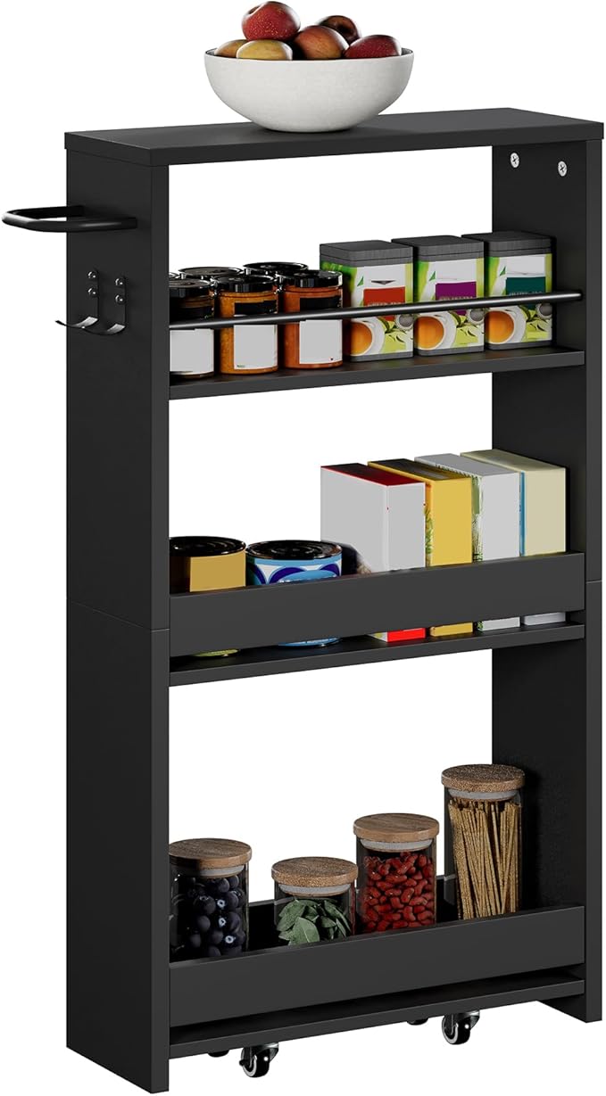 ChooChoo 4-Tier Slim Storage Cart with Handle, 5.51" W Rolling Utility Cart on Universal Wheels, Kitchen Cart Mobile Shelving Organization for Laundry Room, Bathroom & Narrow Places, Black