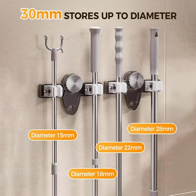 Broom Holder Mop Hanger, 2026 New No punching required Broom Hanger Organizer for Bathroom, Kitchen, Office，Utility Room，Laundry Room,Home Garden, Garage Storage and Organization Rack (2PCS White)
