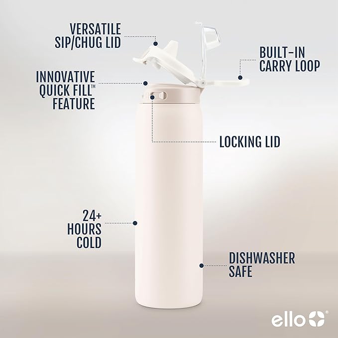 Ello Pop & Fill Stainless Steel Water Bottle with Quick Fill Technology, Double Walled Vacuum Insulated Metal, Leak Proof Locking Lid, Sip & Chug, BPA Free, Holiday Gift for Him Her, 22oz, 32oz, 40oz